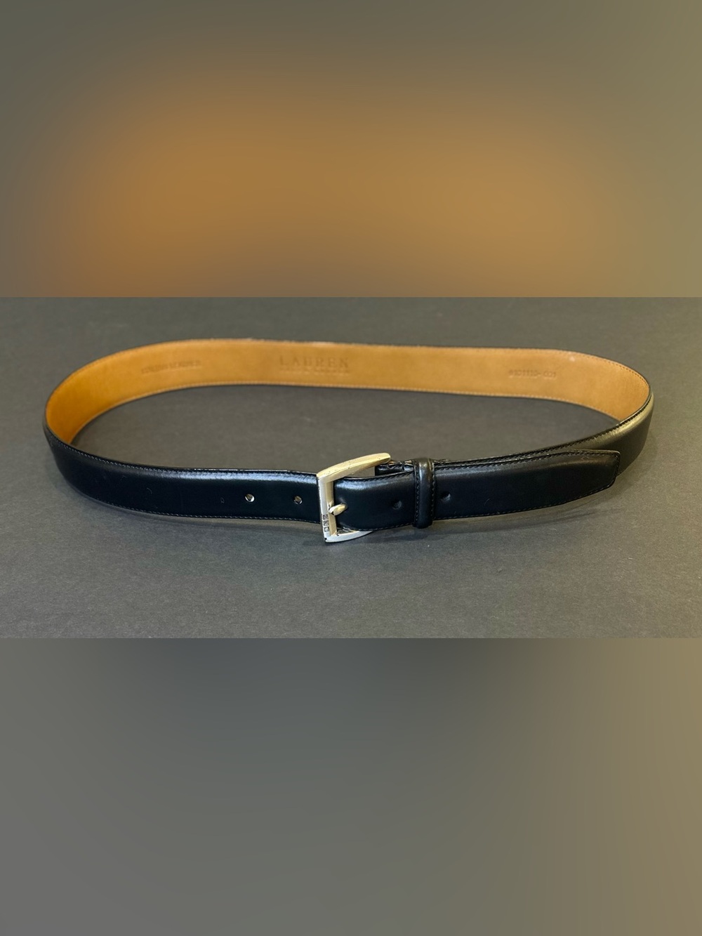 VTG 1990s Lauren Ralph Lauren Black Leather Belt Silver Hallmark Crest Buckle L